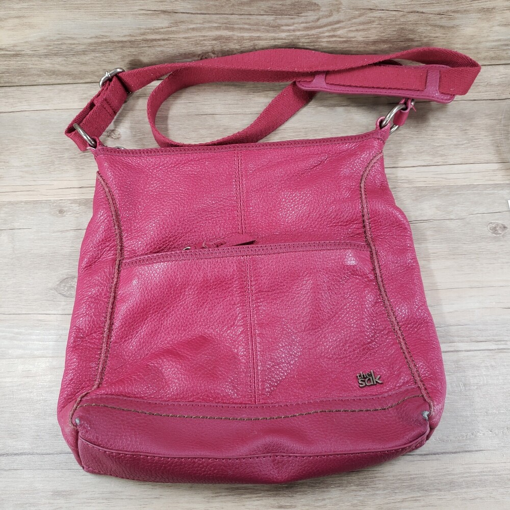 The SAK  Red Pebbled Leather Crossbody Shoulder Handbag  10"x9.5"